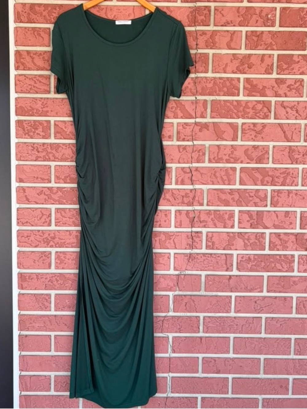 Forest Green Short-Sleeve Maxi Dress with Side Draping